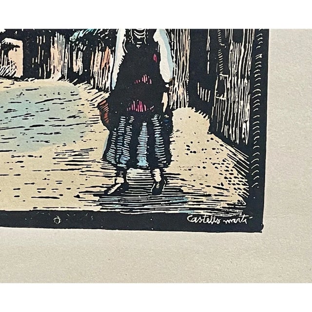 Juan Castells Marti Lithograph, 1940s – Spanish Artist Woodcut Print – Color on Woven Paper – Spain Art – 14"x10" For Sale - Image 4 of 6