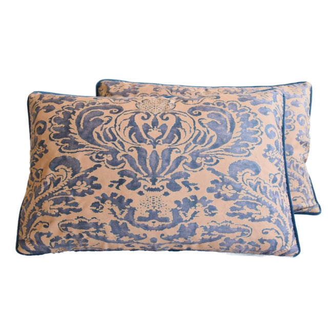 Pair custom-tailored pillows in Italian Mariano Fortuny luxurious printed cotton fabric called "Corone" with a rich blue...