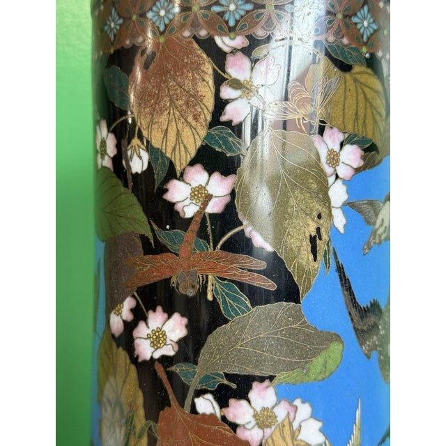 Meiji Period Japanese Cloisonne Enamel Vase With Birds Butterflies and Insects For Sale - Image 12 of 18