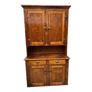 19th Century Antique Early American Primitive Style Stained Pine Two-Part Hutch Cabinet