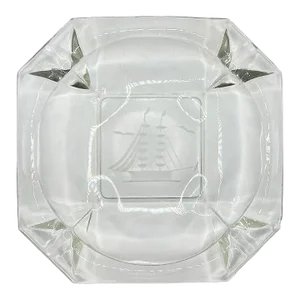 Vintage Square Glass Sailing Motif Etched Cigar Ashtray