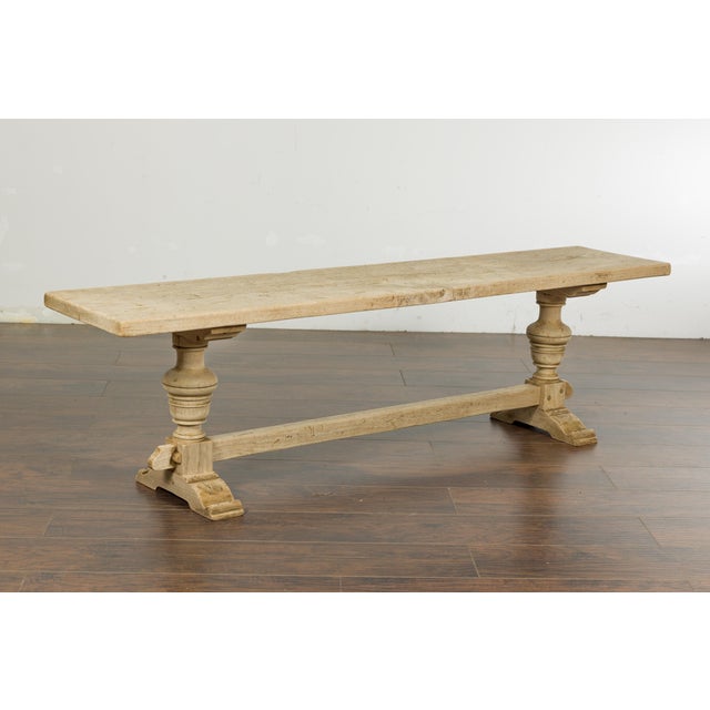 French 19th Century Bleached Walnut Bench with Turned Legs and Cross Stretcher For Sale - Image 12 of 12