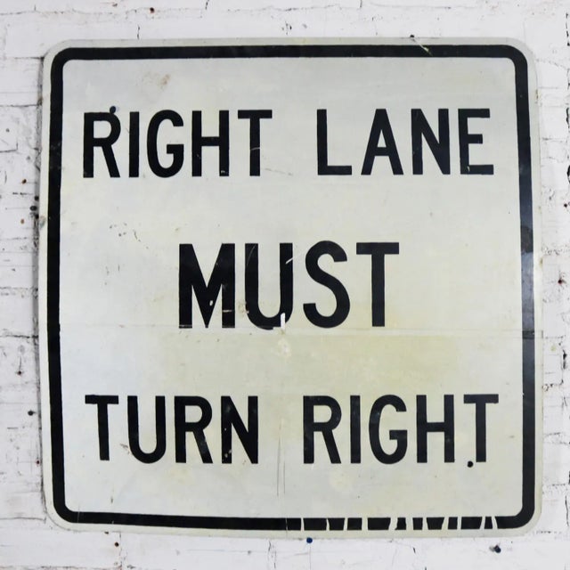 Vintage Right Lane Must Turn Right Large Steel Traffic Sign For Sale - Image 9 of 11