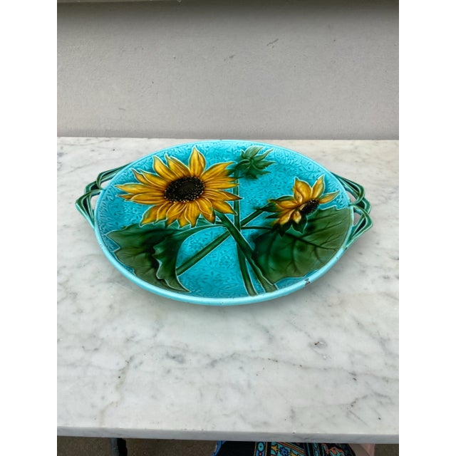 1900 - 1909 Large Majolica Sunflower Platter Villeroy & Boch, Circa 1900 For Sale - Image 5 of 6