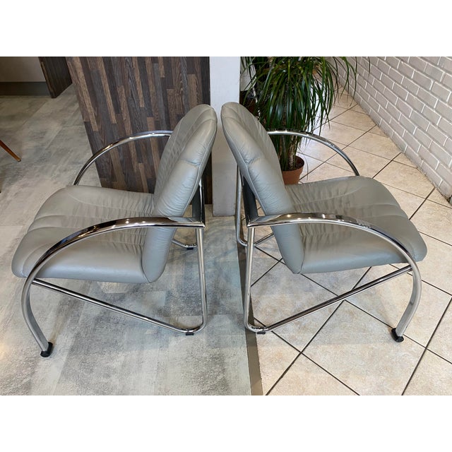 Gray Souvignet Folding Armchairs in Grey Chrome Leather, 1980, Set of 2 For Sale - Image 8 of 18
