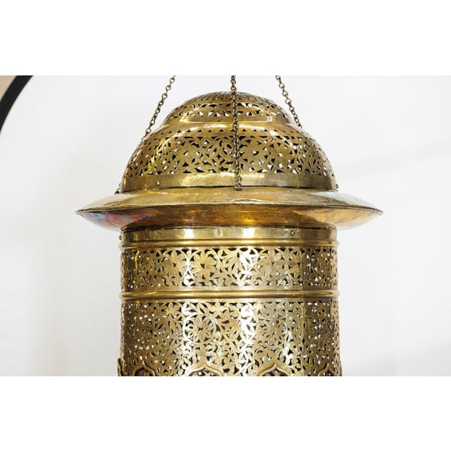 Metal Vintage Indian Brass Hanging Lantern with Pierced Floral and Lattice Motifs For Sale - Image 7 of 18