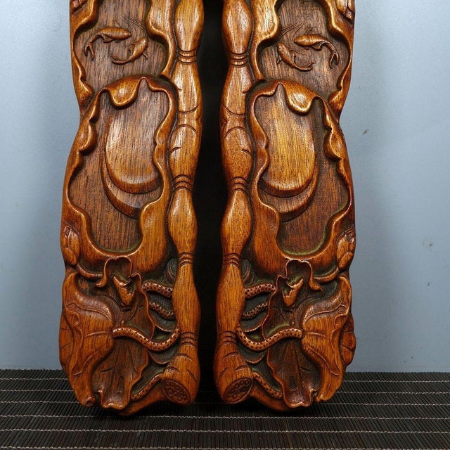 Wood Pair of Carved Rosewood Paperweights With Lotus Leaf Motif - Asian Scholar's Objects For Sale - Image 7 of 9