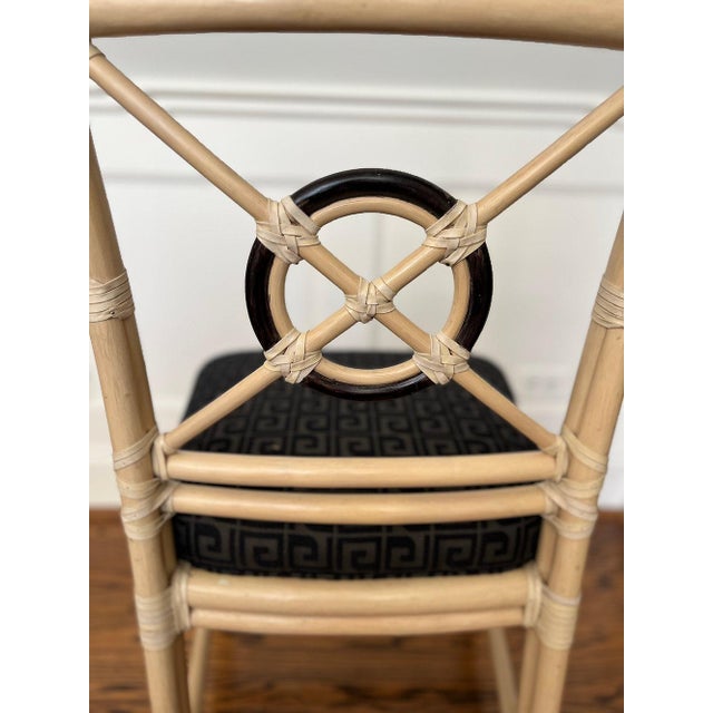 McGuire 1980s McGuire Rattan Target Back Chairs with Thibaut Greek Key Upholstery, Set of 4. For Sale - Image 4 of 8