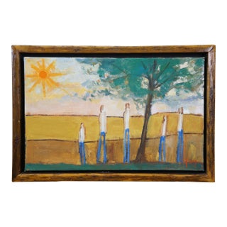 Late 20th Century Foley Expressionist Family Under Tree Country Sunset Landscape Oil Painting 23" For Sale