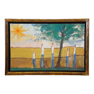 Late 20th Century Foley Expressionist Family Under Tree Country Sunset Landscape Oil Painting 23"
