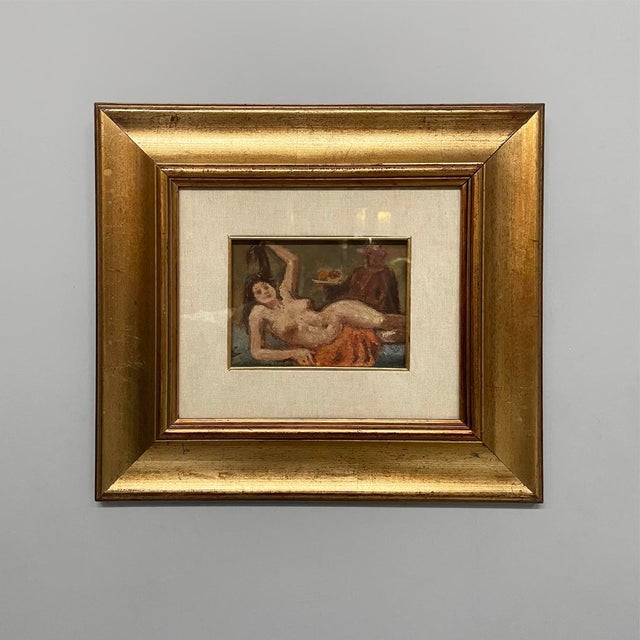 Italian modern oil painting on cardboard with gilded wooden frame, 1974 Rectangular oil painting on cardboard, set in a...