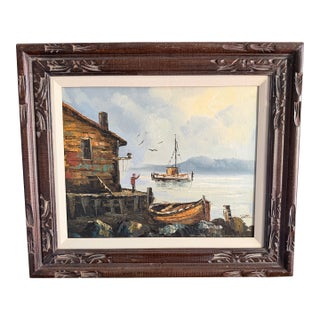 1960s Maritime Harbor Scene Oil Painting For Sale