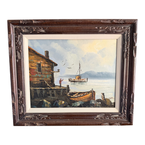 1960s Maritime Harbor Scene Oil Painting