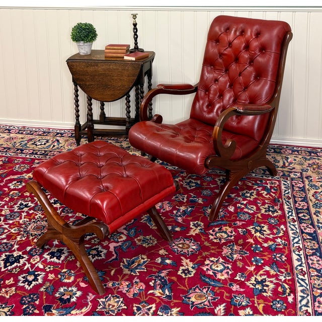 English Vintage English Chesterfield Style Tufted Campeche Chair Ottoman Red Leather For Sale - Image 3 of 17