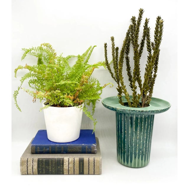 Stunning and unique mid-century modern vase. Incredible design with the large top and the ribbed cylinder. Lovely blue...