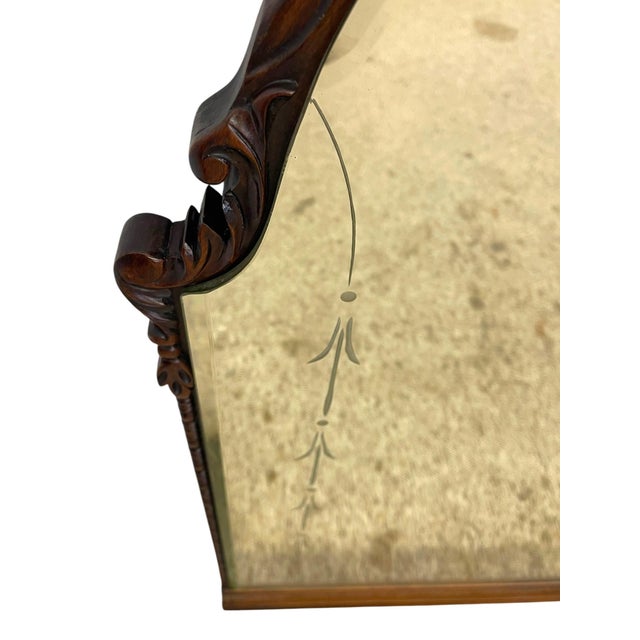 Vintage Carved Wood Arched Wall Mirror With Etched Glass Panels For Sale - Image 4 of 10