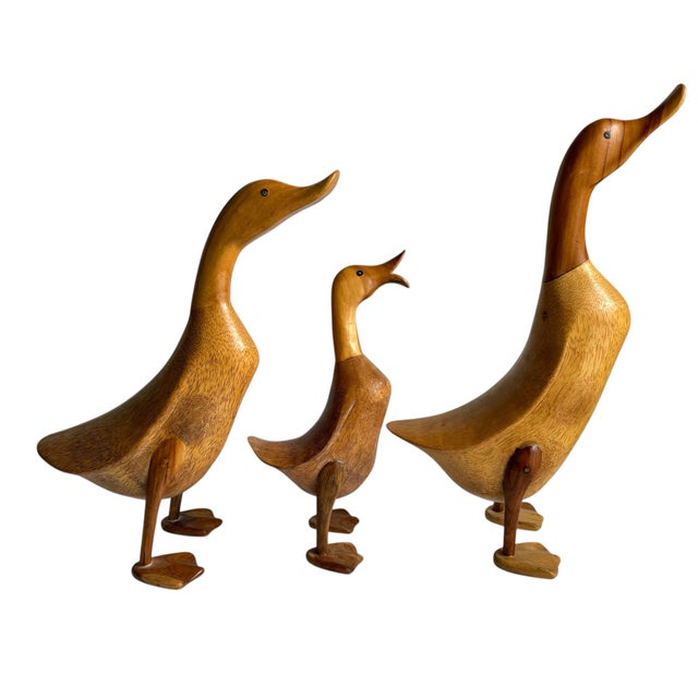 Hand Carved Bamboo Wood Duck Statues The Dcuk Company Set of 3 Signed DCUK Tallest 18" Middle 15.25" Shortest 12.25"