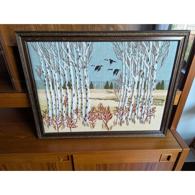 Wood 1970s Vintage Erica Wilson Crewel Embroidery Textile Art Framed "Birch Trees & Geese For Sale - Image 7 of 11