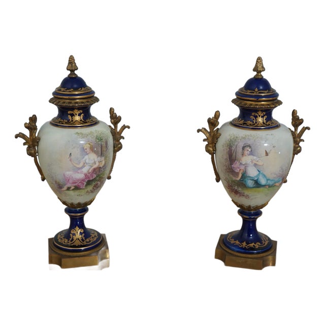 Pair Sevres Vintage Porcelain Decorated Lidded Urns For Sale