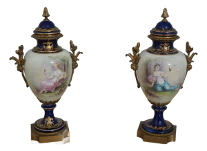 Pair Sevres Vintage Porcelain Decorated Lidded Urns