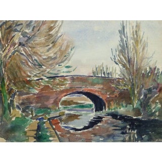 Tae, Vintage Watercolor Landscape - Stone Bridge For Sale