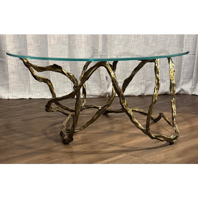 Contemporary Studio a by Global Views Twistwood Cocktail Table – Antique Brass W/ Glass Top For Sale - Image 3 of 9