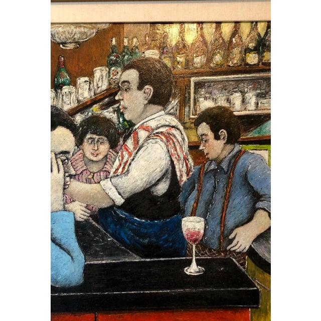 David Azuz David Azuz, Israeli French Folk Art Naive Oil Painting Wine Bar in Paris Colorful Fauvist, 1976 For Sale - Image 4 of 7