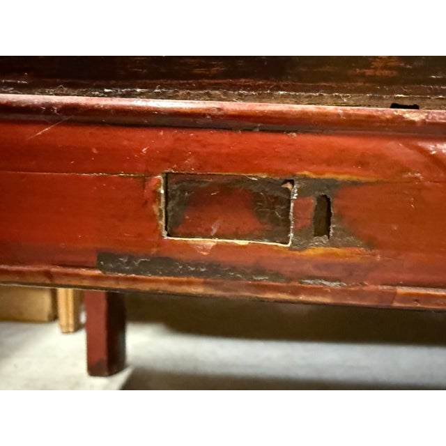Early 20th Century Chinese Red-Lacquer Carved Wood Armoire With Hand painted Panels For Sale In Portland, OR - Image 6 of 12
