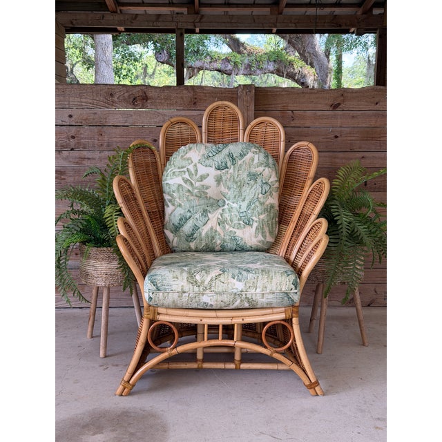 Vintage Sculptural Rattan Fan Back Palm Frond Lounge Chair For Sale - Image 9 of 10