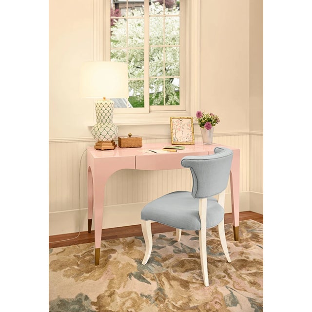 Worlds Away Matthew Izzo Home Eloise Light Blue Performance Linen and Matte White Lacquer Round Back Dining Chair For Sale - Image 4 of 9