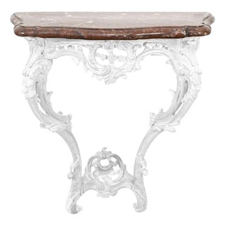 Rococo Marble Top White Carved Wood Wall Mount Console For Sale