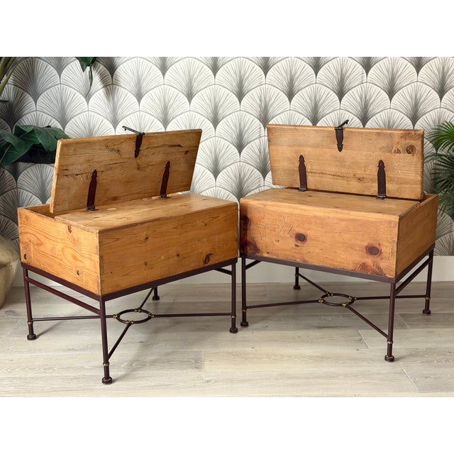 Vintage Rustic Mexican Pine Wood and Wrought Iron and Brass Storage Trunk Chest Side Tables - A Pair For Sale - Image 11 of 15