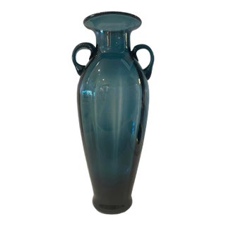 Vintage Teal or Blue Art Glass Twin Handled Amphora Vase, Hand Blown Undulating Form For Sale