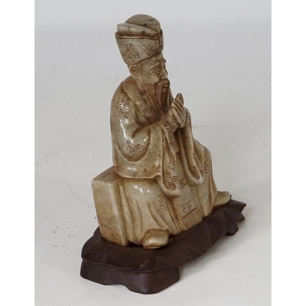 Figurative Early 20th C Chinese Carved Soapstone Seated Confucian Scholar Figure on Wood Stand – Collector's Find For Sale - Image 3 of 7