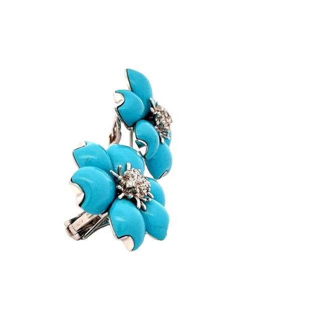 1980s Circa 1980s Italian 18K White Gold Persian Turquoise & Diamond Floral Earrings For Sale - Image 5 of 9
