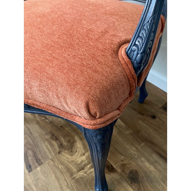 Hand-Painted French Provincial Armchair - Navy Blue & Orange Velvet - Whimsical Floral Reupholstered Accent Chair For Sale - Image 10 of 14