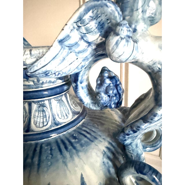 Large Vintage Cantagalli Italian Majolica Blue White Delft Style Pottery Vase Jar or Urn Serpent Handles 23"h For Sale - Image 12 of 18