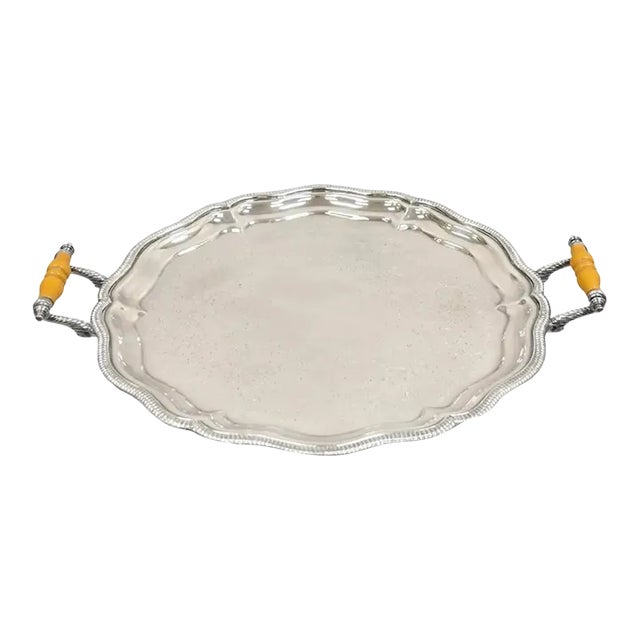 Vintage Victorian Style Silver Plated Celluloid Twin Handle Raised Serving Tray For Sale