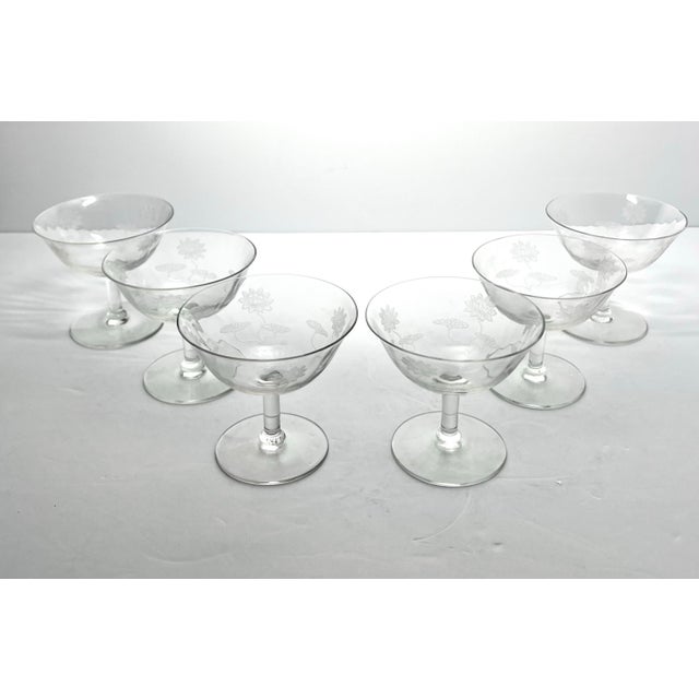 Chinoiserie 1910s Antique Fostoria “Lotus” 6 Etched Optic Coupe Champagne Glasses For Sale - Image 3 of 5