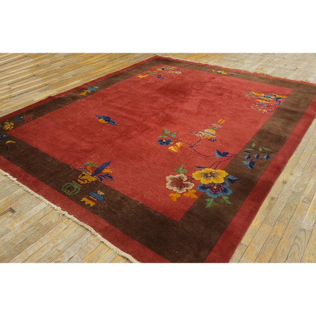 Textile 1920s Red Burgundy Floral Open Field Antique Chinese Art Deco Wool Rug 8' X 9'9" For Sale - Image 7 of 9