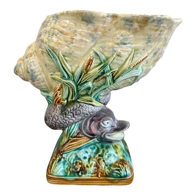 Antique Majolica Vase Bowl Dolphin Nautilus Shell English Royal Worcester C1870 For Sale