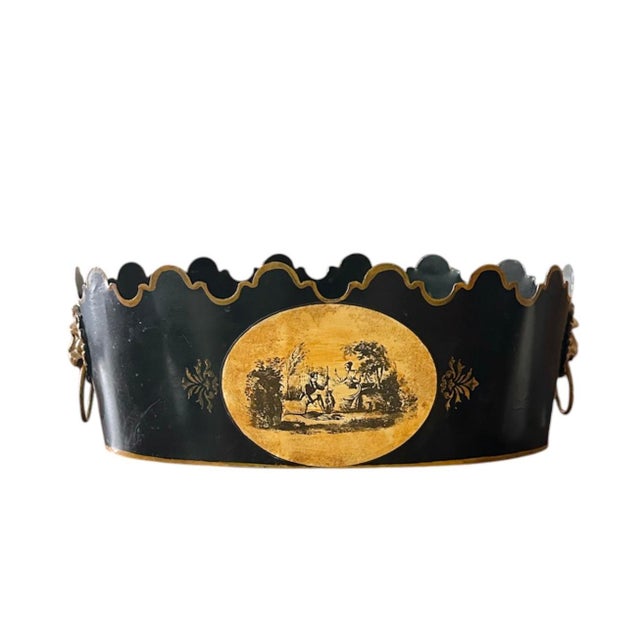Vintage Large Italian Black & Gilt Monteith Style Tole Scalloped Cache Pot / Jardinere / Planter With English Regency Pastoral Scenes For Sale - Image 4 of 8