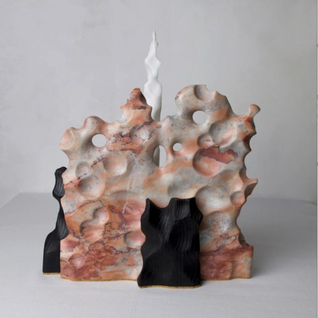 Wood Reclaimed Pine and Pink Marble Candle Holder — Yakisugi Charred, Melting Collection | Gabor Gobi For Sale - Image 7 of 10
