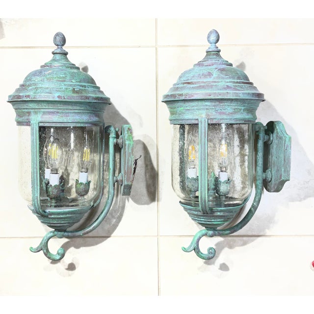 1990s Pair of Vintage Solid Brass Wall Lanterns /Sconces 22”x10”x11”.5 For Sale - Image 5 of 16