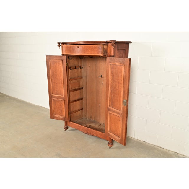 Antique Victorian Carved Oak Wardrobe or Armoire Dresser, Circa 1890s For Sale In South Bend - Image 6 of 17