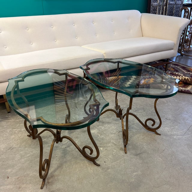 Gold Gilt Metal and Custom 3/4 Inch Notched Glass Side/ Cocktail Tables a Pair For Sale - Image 8 of 10