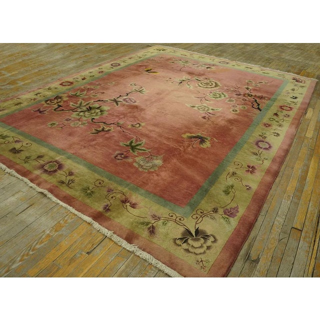 1920s Pink Cerise Floral Sprays Antique Chinese Art Deco Carpet 9' X 11' 5'' Knotted Wool Rug For Sale - Image 9 of 9