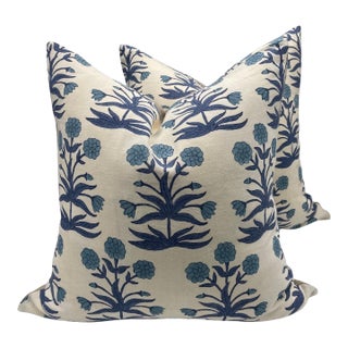 Sky Indigo Schumacher Molly Mahon Hand Block Print Pillows- A Pair For Sale