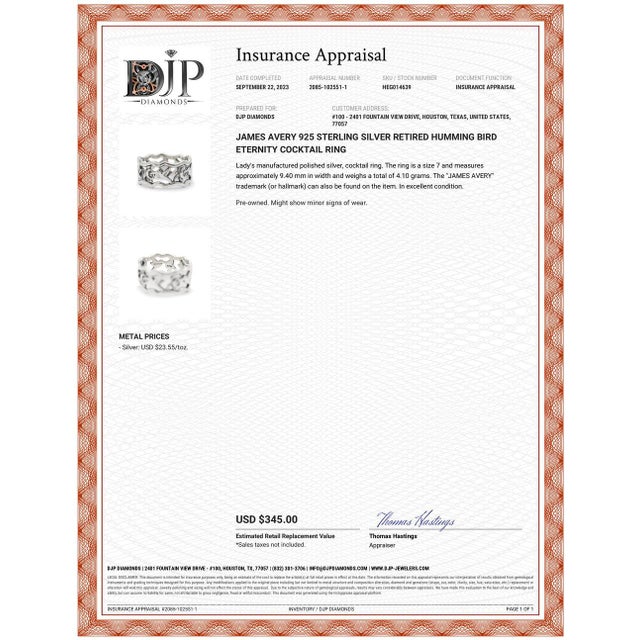 James Avery 925 Sterling Silver Retired Humming Bird Eternity Cocktail Ring Size 7 For Sale In Houston - Image 6 of 6