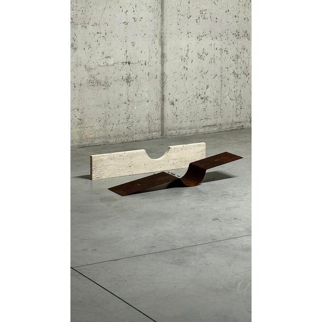 Contemporary Oculus Ox Floor Lamp in Rough Iron & Travertine by D´ARK Atelier For Sale - Image 3 of 13